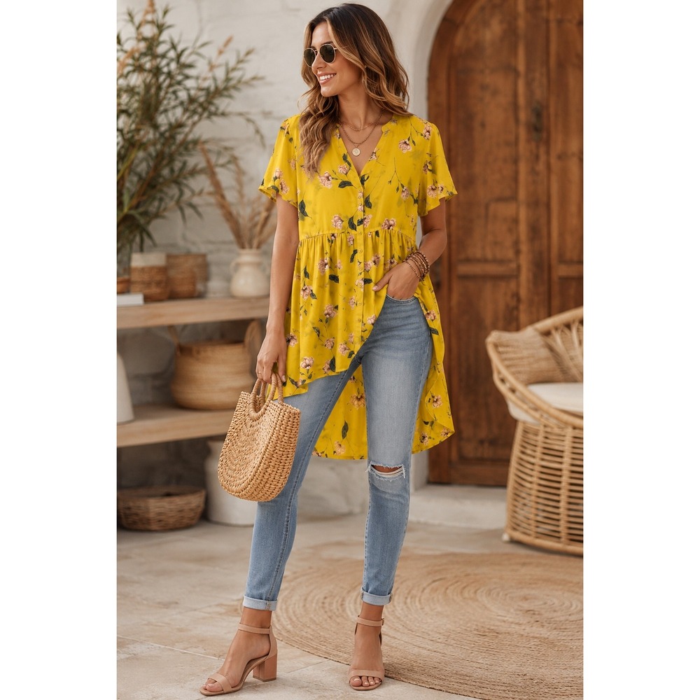 Torrid Lexie Women Size 1 1X Yellow Floral Chiffon Hi-Lo Babydoll Boho Tunic
